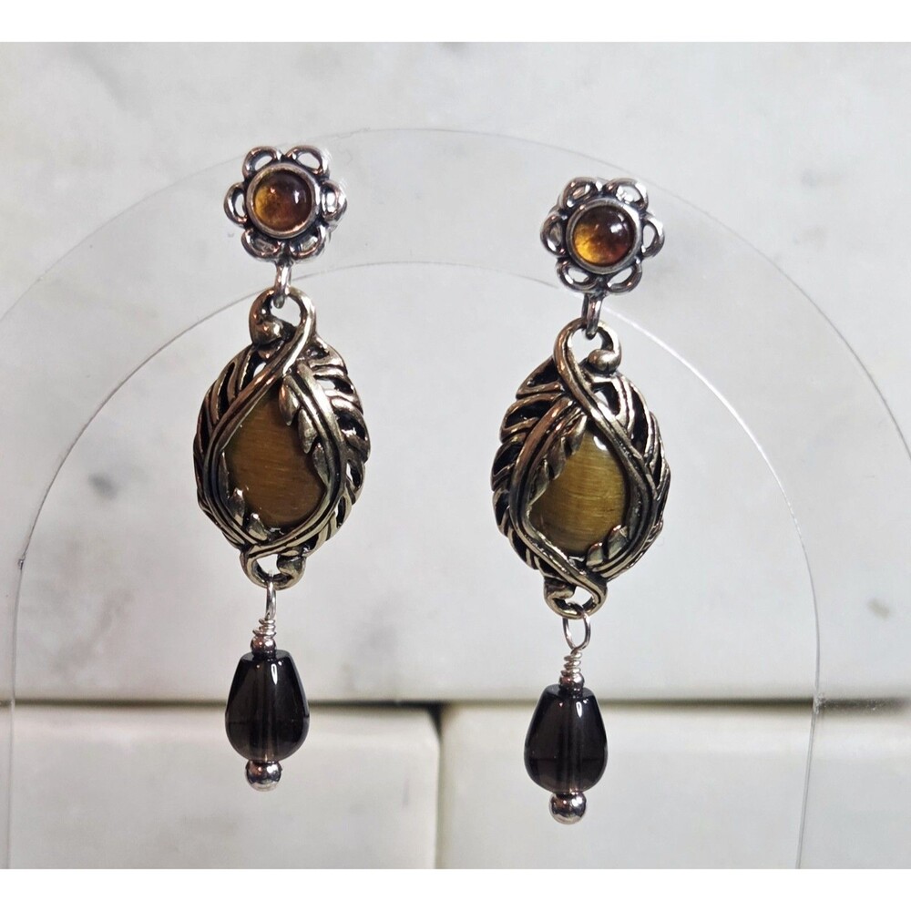 Carolyn Pollack Dangle Earrings Sterling Silver Brass Tiger's Eye, Yellow Jasper